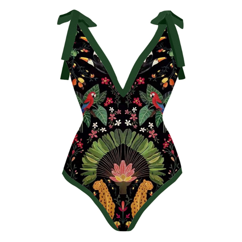 One Piece Swimsuit Deep V Green Swimwear /Cover Up