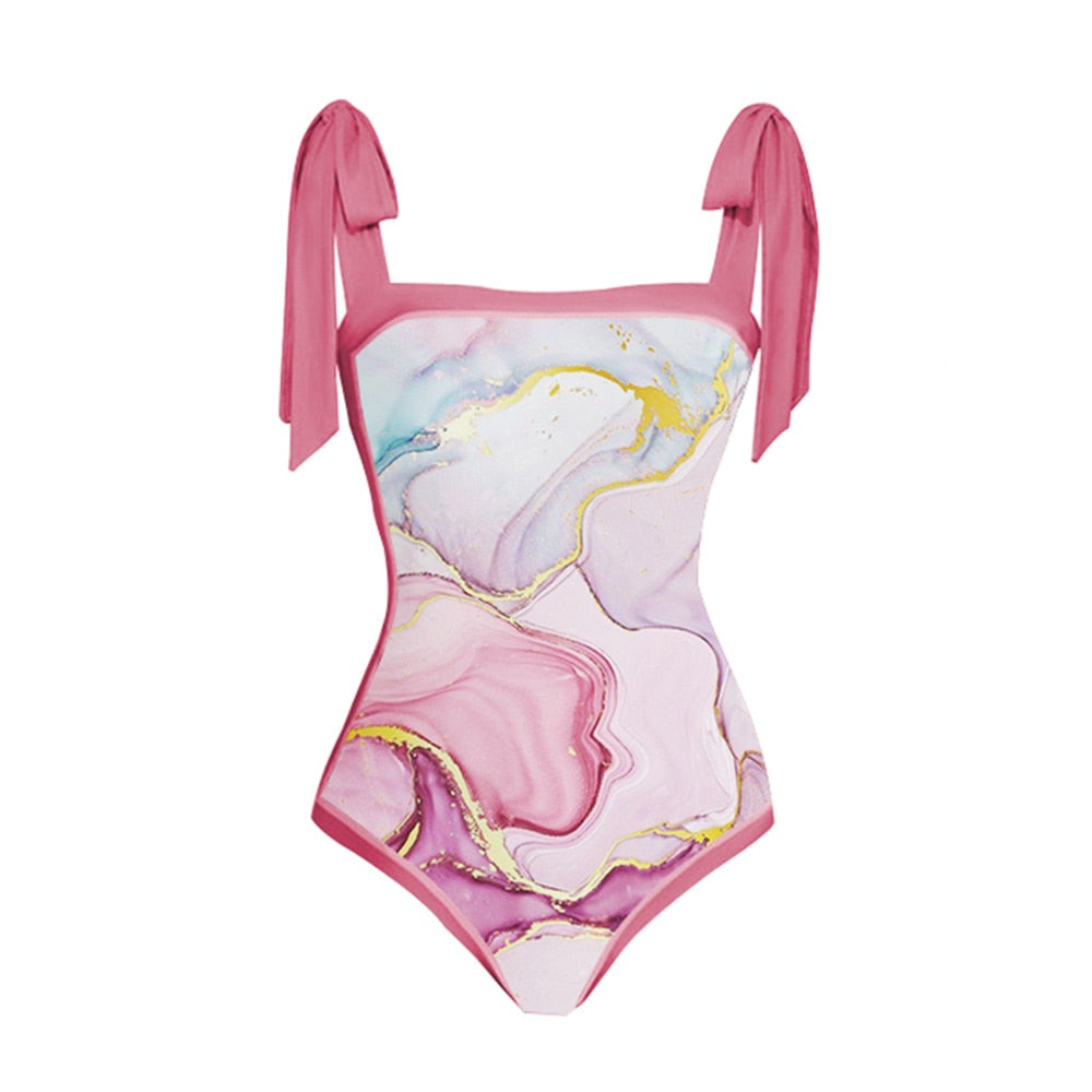 Pink Printed Retro Swimsuit/Cover Up