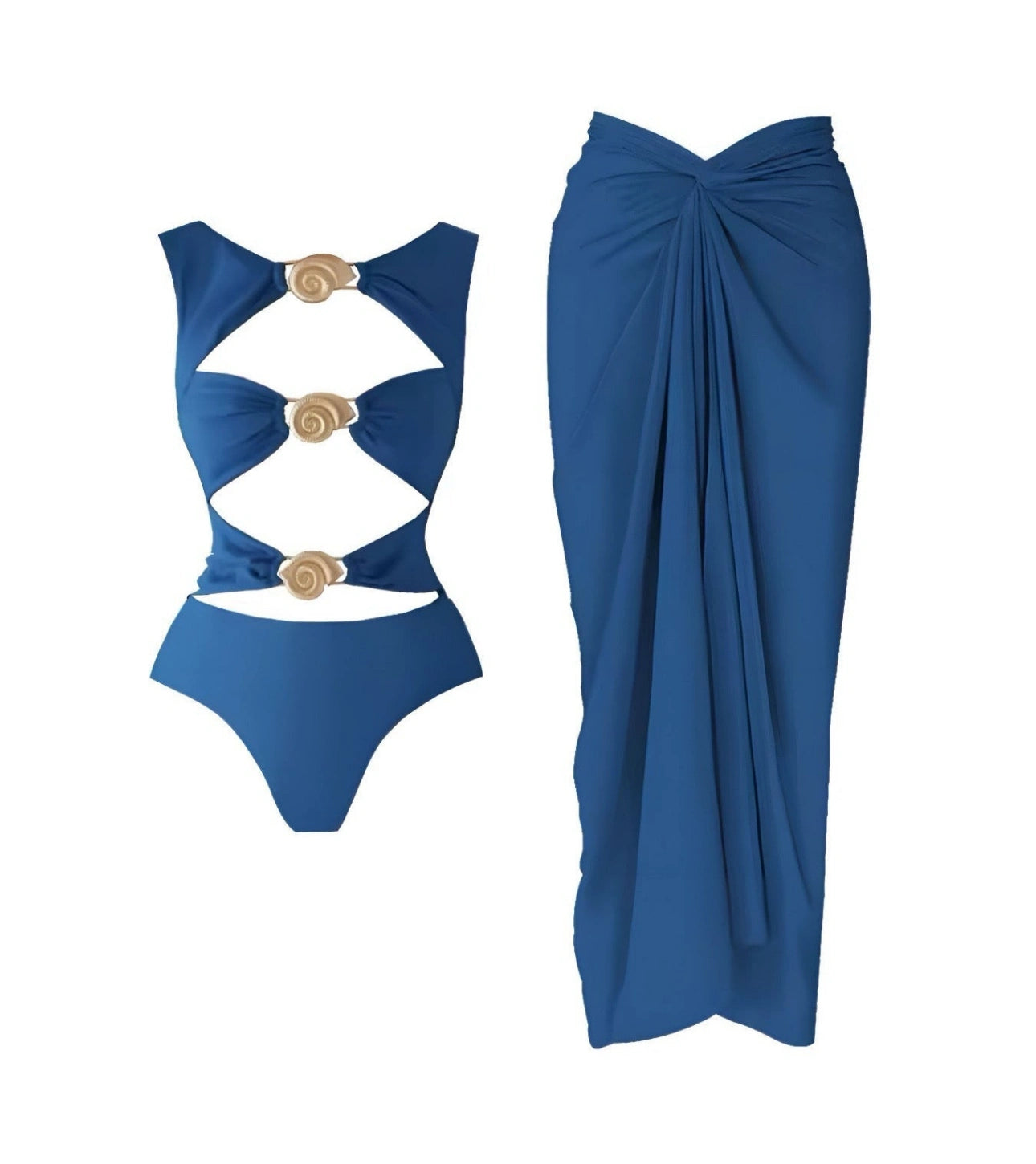 Floral Swimsuit with Shell Embellishment Maxi Skirt – Elegant Beach Look