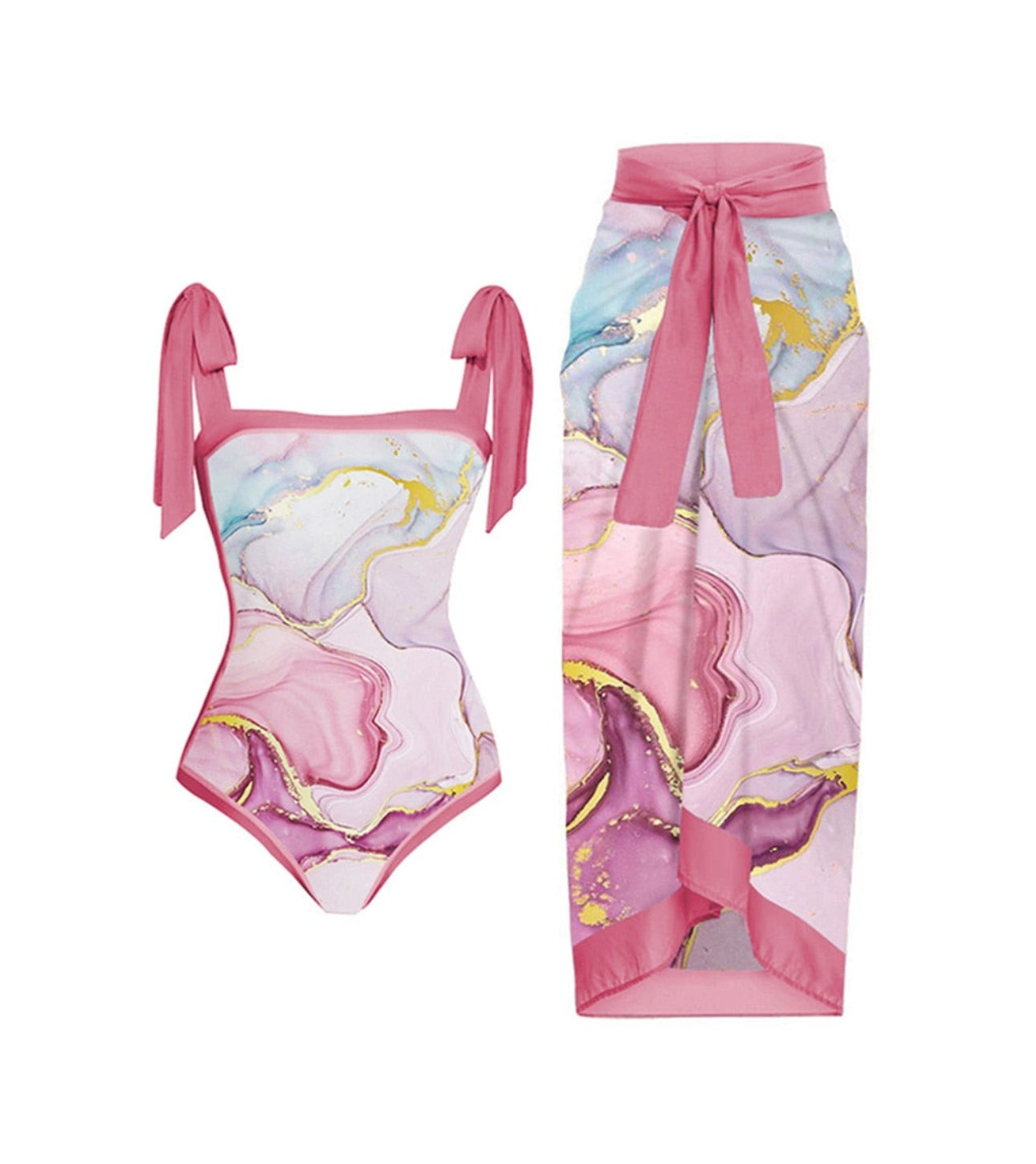 Pink Printed Retro Swimsuit/Cover Up
