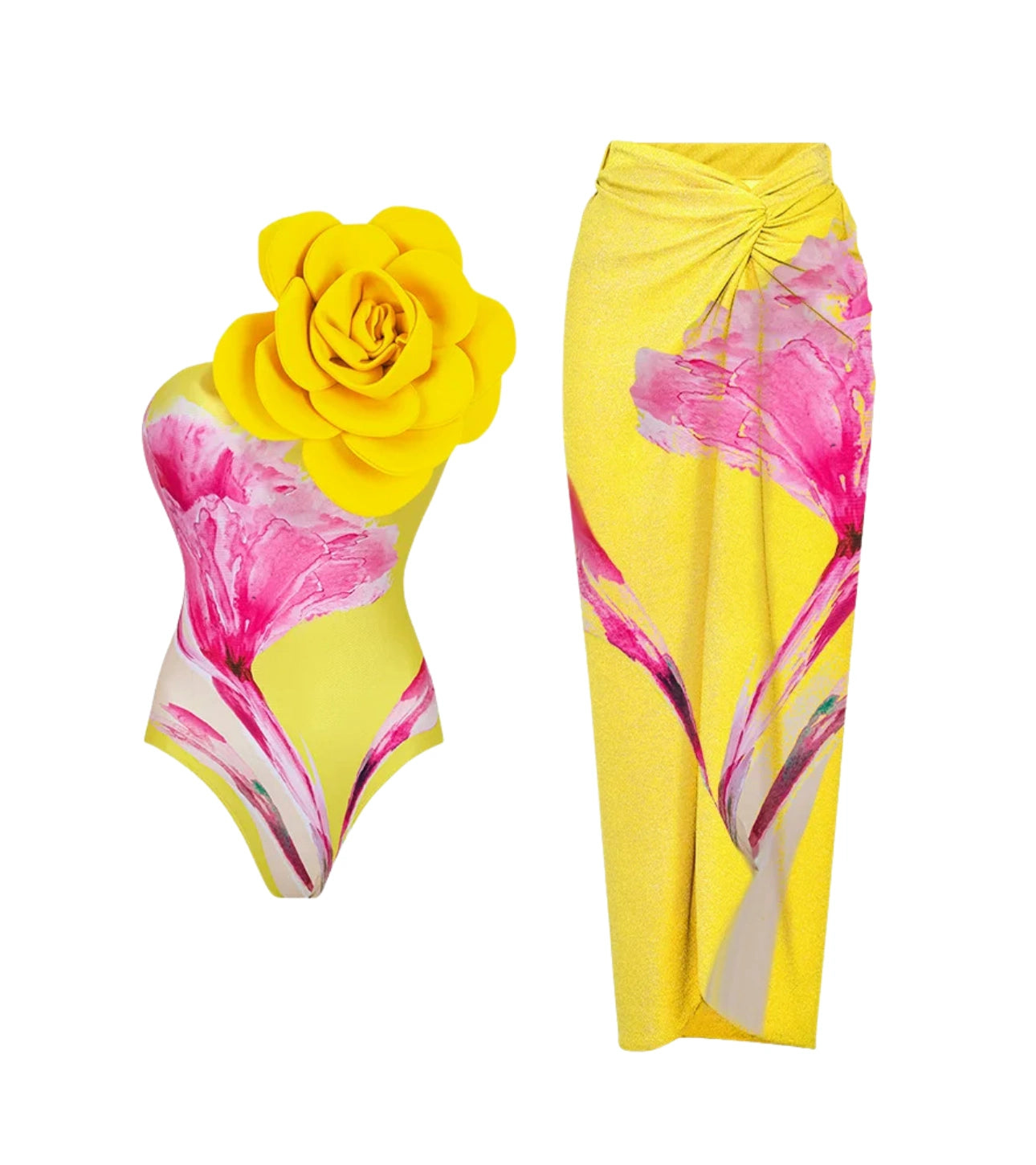 Two Piece Yellow Printed flower One Shoulder Swimsuit
