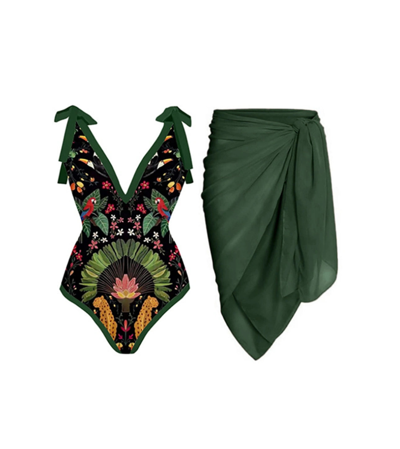 One Piece Swimsuit Deep V Green Swimwear /Cover Up