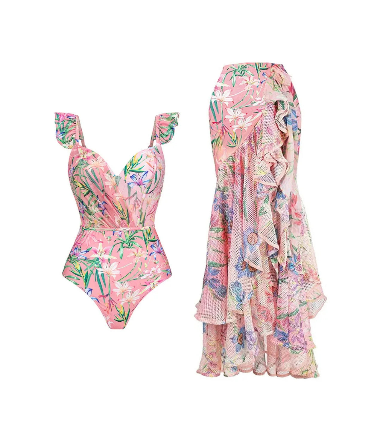 New Floral Pink Printed Two Piece Swimwear Ruffle Skirt