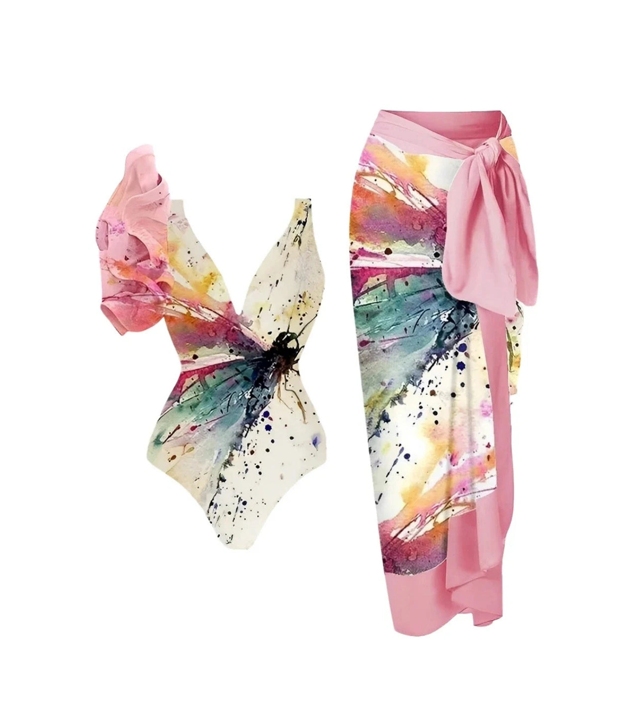 Frill One Piece Swimsuit & String Skirt Set