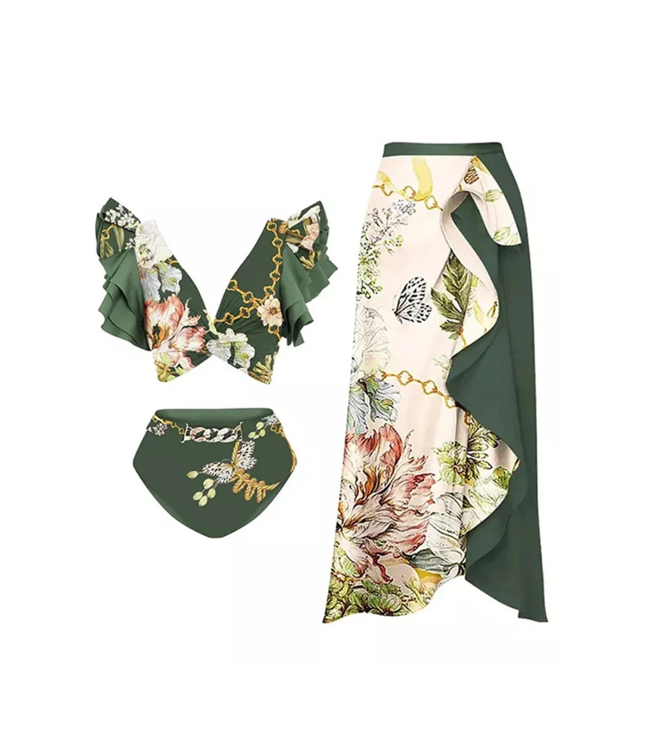 Three piece Highwaist Floral print Bikini w/Skirt
