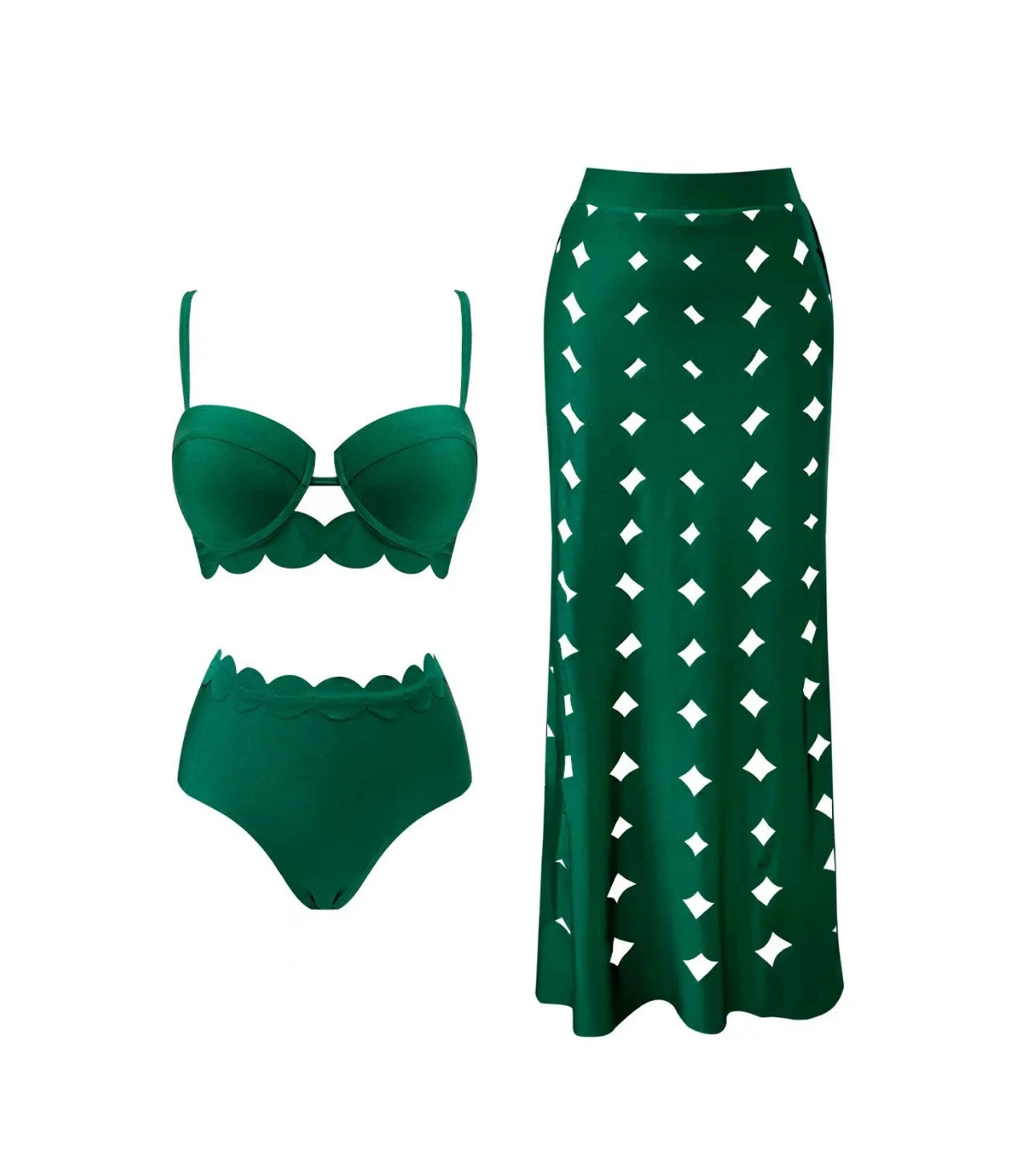 Three Piece Green Highwaist Elegant Bikini Set w/Skirt