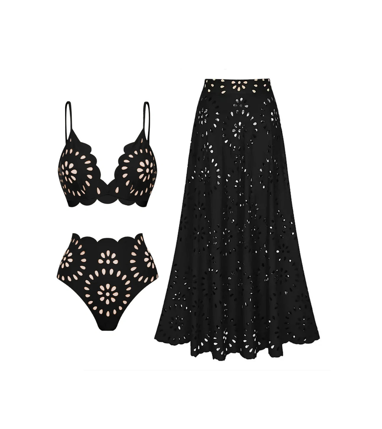 Three piece Highwaist Elegant Floral Design Bikini Set/w skirt