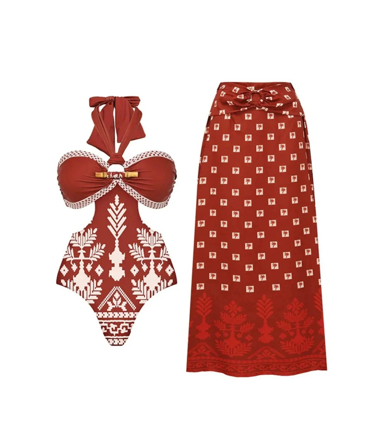 Ethnographic Style Printed One Piece Swimsuit/ Skirt Set