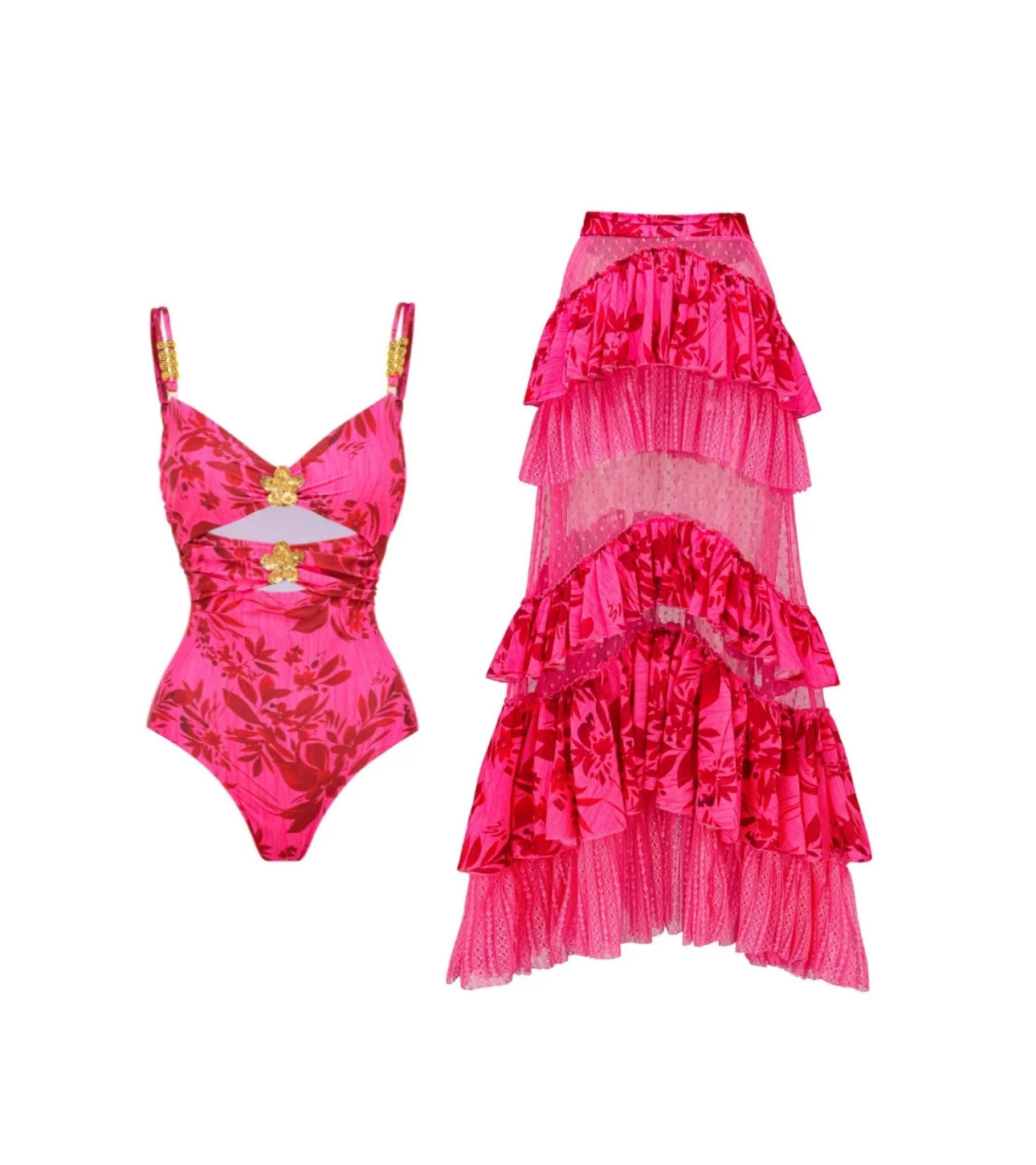 Pink Retro Piece Swimsuit and/ Skirt