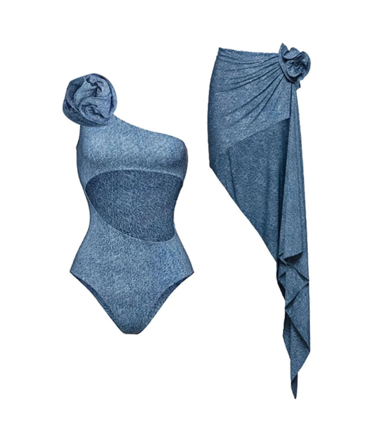 Denim Print One Piece Swimsuit and Skirt