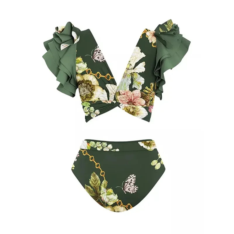 Three piece Highwaist Floral print Bikini w/Skirt