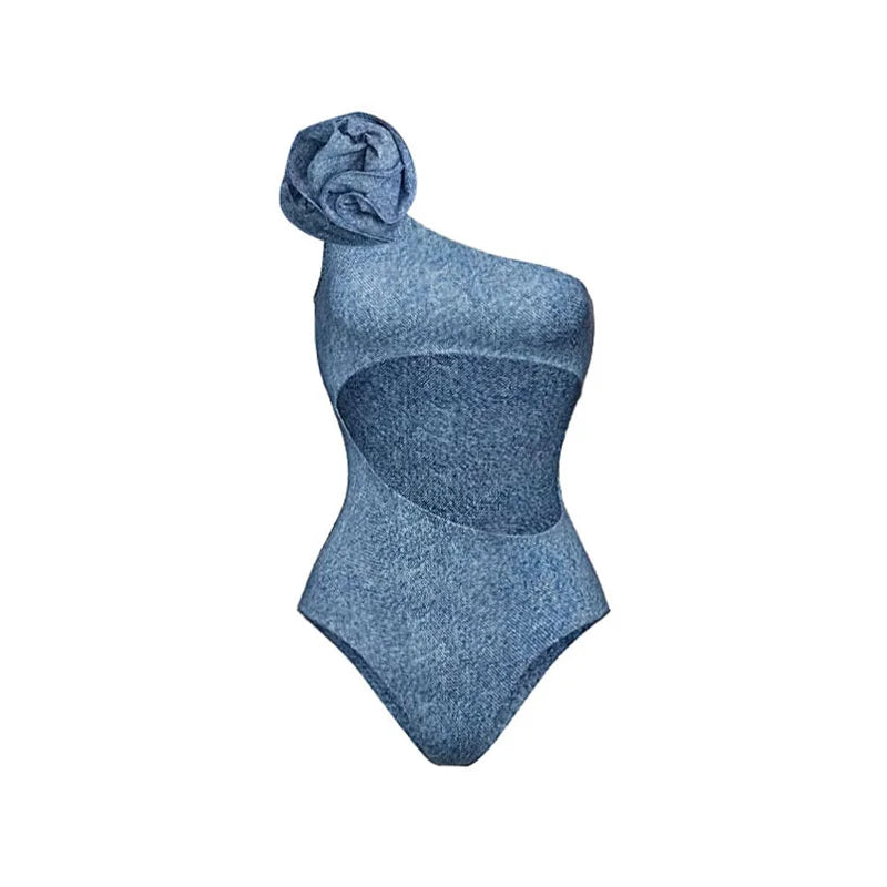 Denim Print One Piece Swimsuit and Skirt