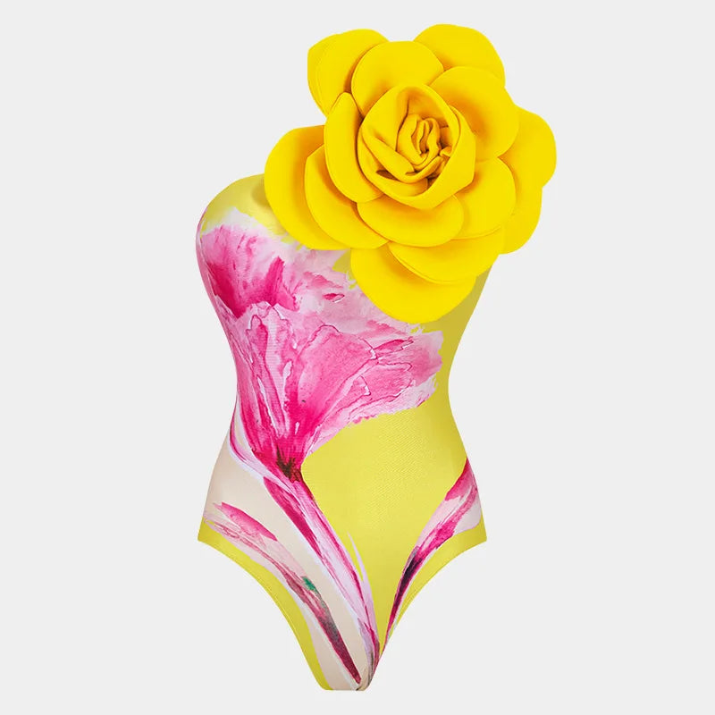 Two Piece Yellow Printed flower One Shoulder Swimsuit