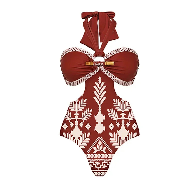 Ethnographic Style Printed One Piece Swimsuit/ Skirt Set